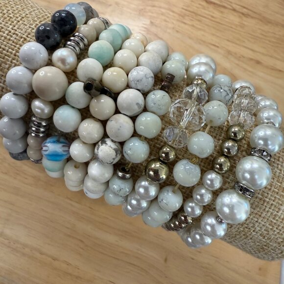 White Beaded Stretch Bracelet Stack Set Of 10 For Women Wearable Or Craft - Picture 5 of 13